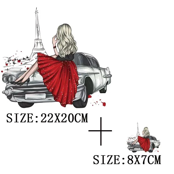 Pretty Girl&Car Iron On Transfer For T-shirt DIY Washable Thermal Sticker Fashion Design Patches On Clothes Appliqued Decoration