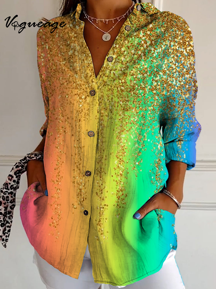 Women's Christmas Glitter Print Long Sleeve Cotton Linen Shirt