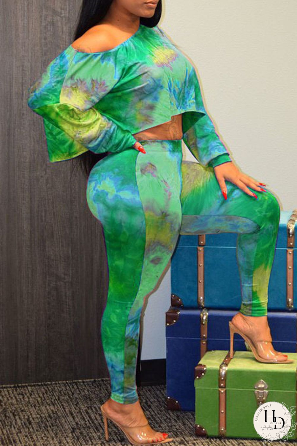 Green Fashion Casual Print Tie-dye Oblique Collar Long Sleeve Two Pieces