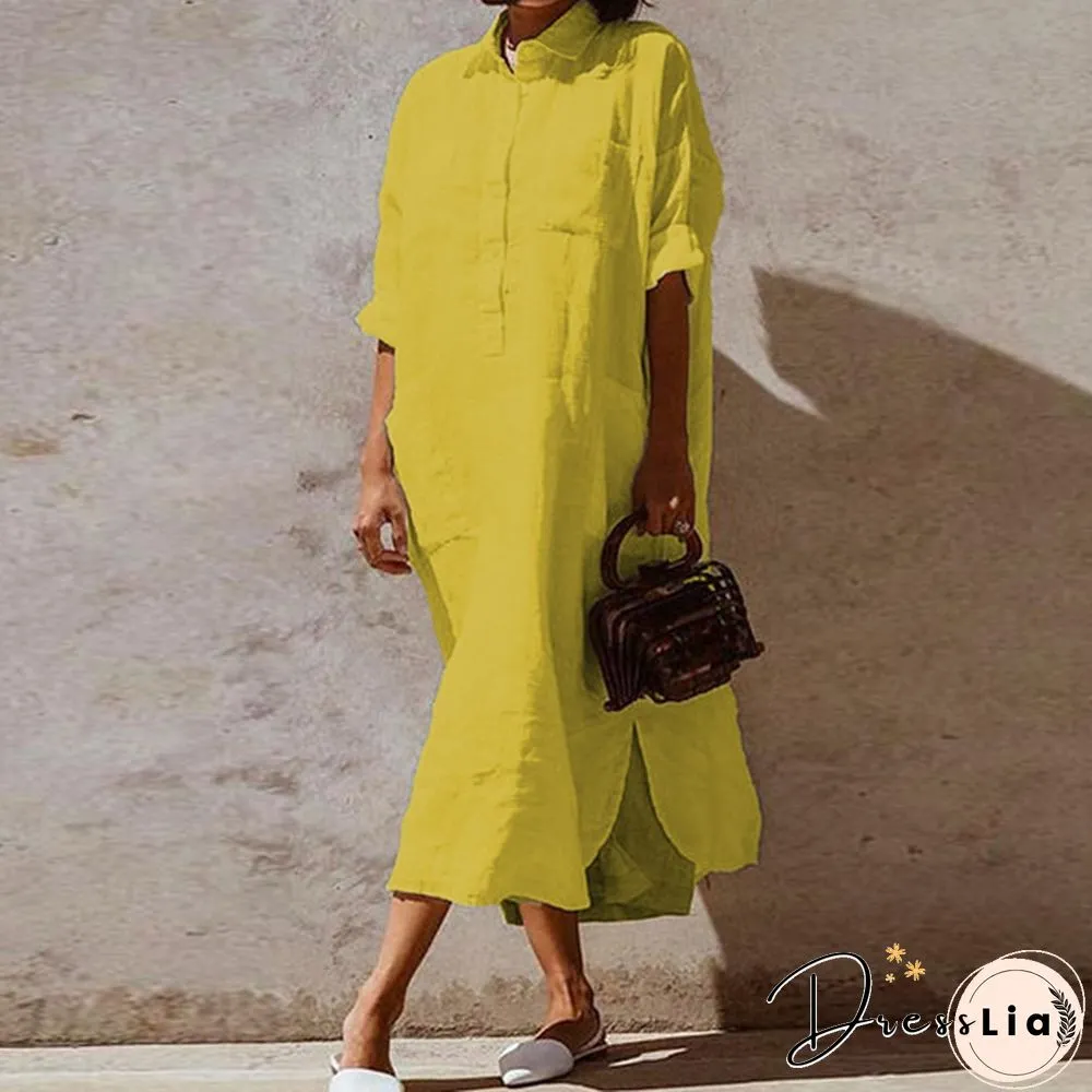 Spring Summer Fashion Women Solid Color Cotton Linen Button Shirt Dress Long Plus Size