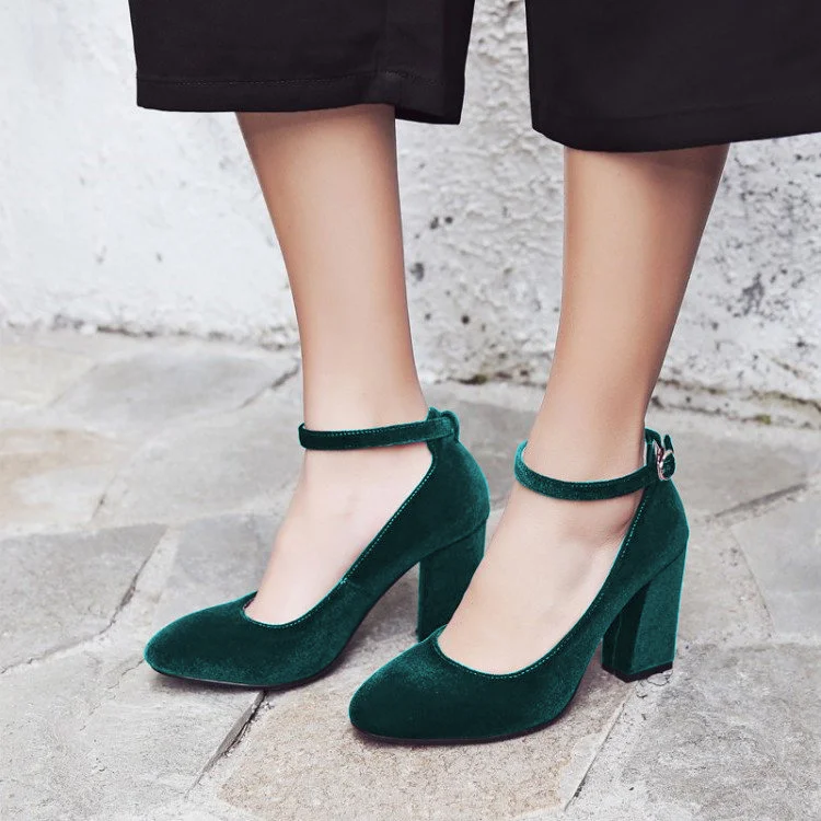 Teal Vintage Ankle Strap Pumps with Square Toe and Velvet Finish Vdcoo