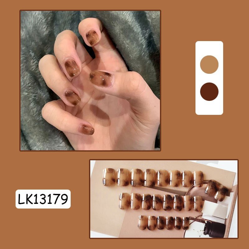 Agreedl 2021 New Checkerboard Short Round Wearable Fake Nails With Glue press on Full Cover Detachable Finished Fingernails
