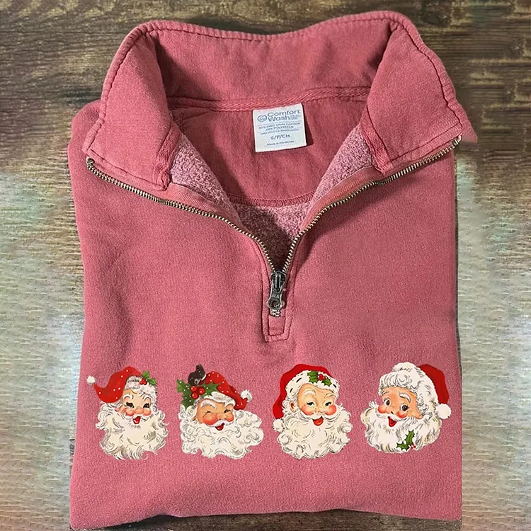 Comstylish Retro Christmas Santa Print Casual Zip Sweatshirt