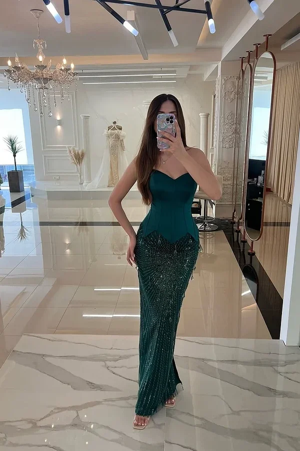 Daisda Strapless Sleeveless V-Neck Mermaid Beadeds Prom Dress