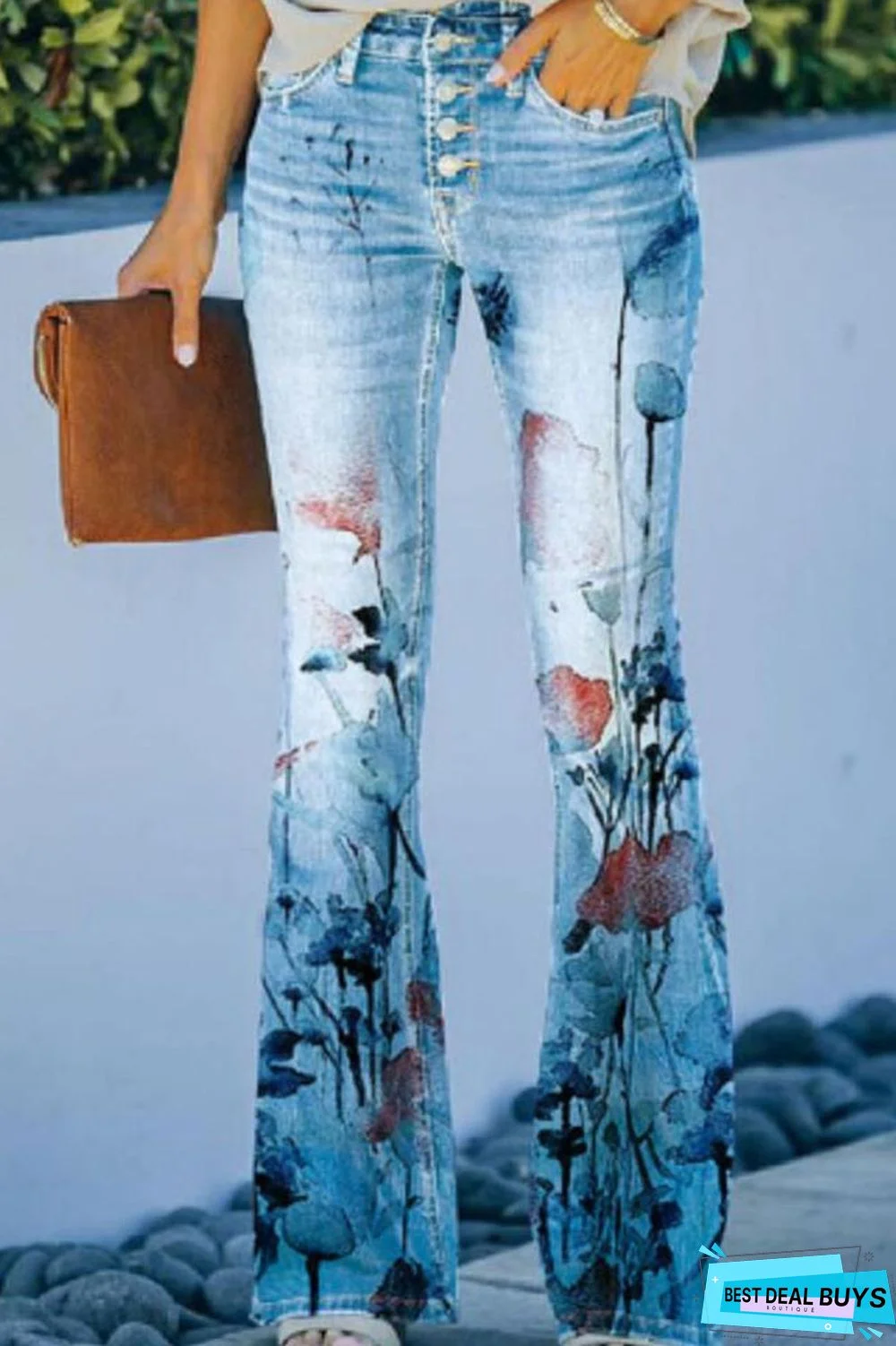 Casual Floral Pocket Regular Denim Jeans