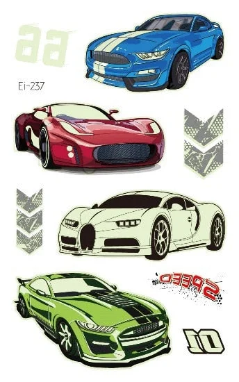Luminous Cool Racing Tattoo Stickers Waterproof Party Cartoon Car Children's Temporary Tattos Hand Body Foot Men Fake Tatoo