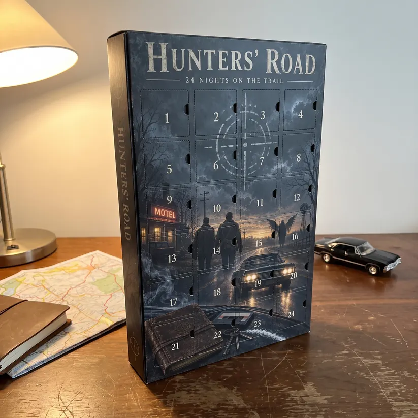 Hunter's Road 24-night advent calendar standing on a desk