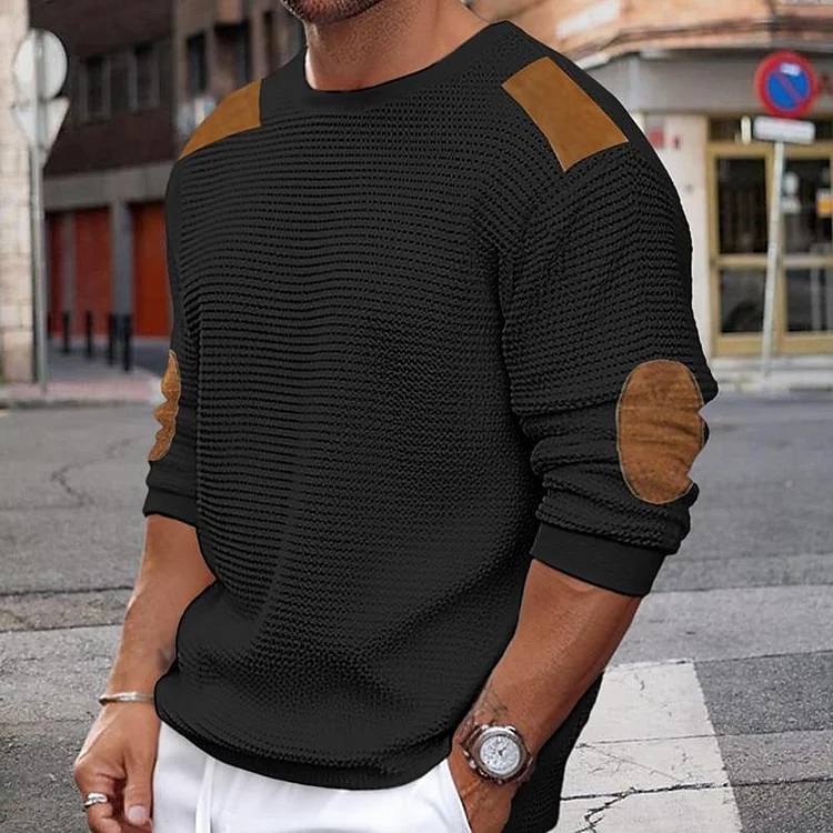 MEN'S CASUAL ROUND NECK LONG SLEEVE PATCHWORK SLIM PULLOVER