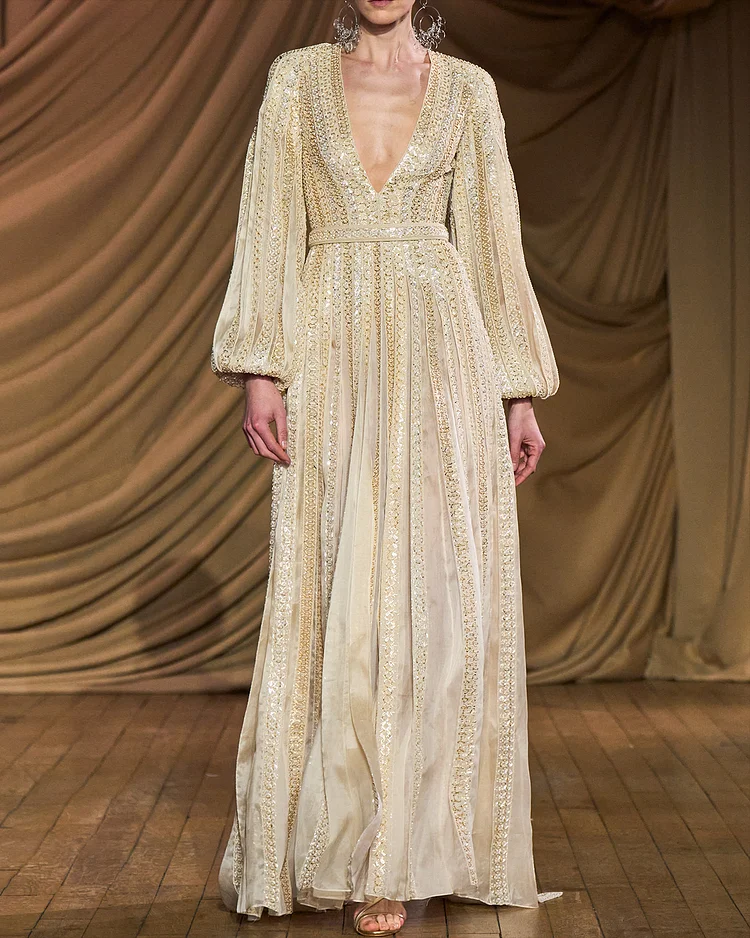 Women's V-neck trumpet sleeve embroidered Dress