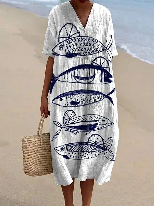 Women's Vintage Fish Sardine Art Print Flowy Dress