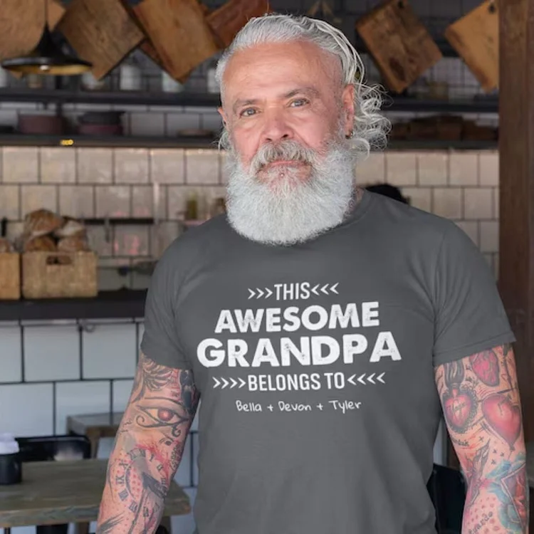 Custom Grandad Shirt - Personalize "This Awesome Grandad belongs To" Shirt with Kids Names for a Special Touch, Fathers Day Gift for Papa