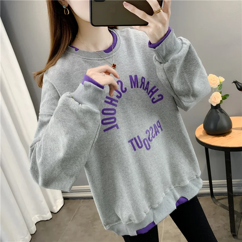 19609 (room 2, aisle 35) real shot cotton round neck letter stitching fake two pieces of sweater female 56