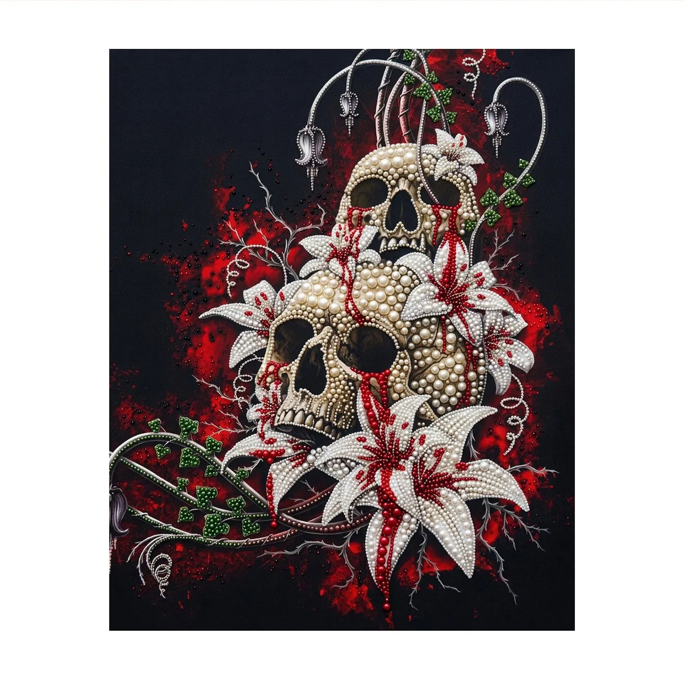 Skull with Red Roses and Lilies - Pearls Painting