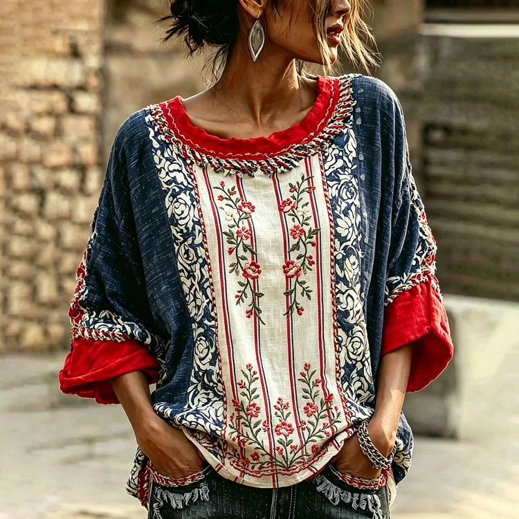 Women's Floral Contrast Embroidered Print Linen T-shirt