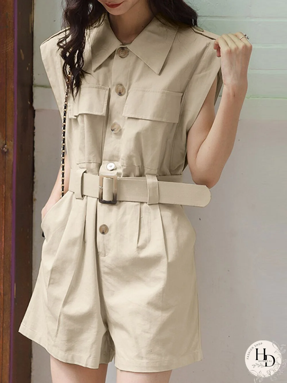 Solid Belt Pocket Button Lapel Short Sleeve Cargo Romper