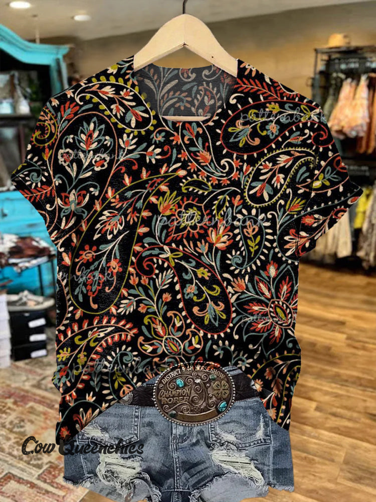 Vintage Floral Art Print Casaul Short Sleeve T-shirt Multicolor / S