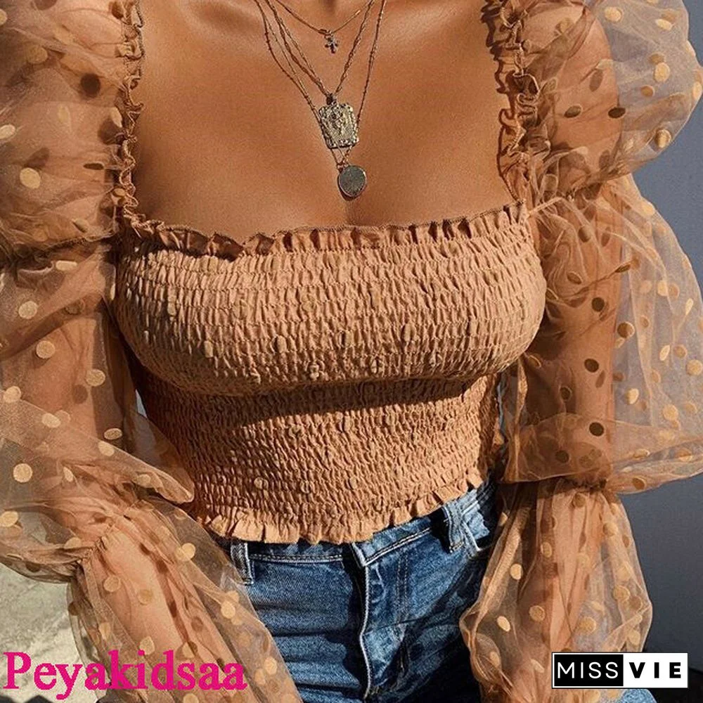 Sexy Women SquareNeck Lace See-through Polka Dot Puff Long Sleeve Elastic Crop Top Female Shirts Evening PartyClubwear