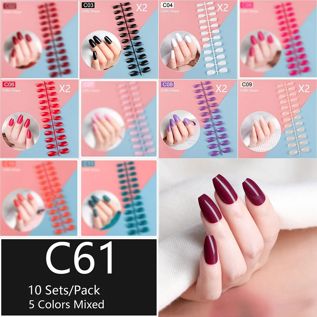 10 Sets/Pack Mixed Solid Colors Coffin Round Square Almond Shape False Nails Full Cover Nail Tips Short Fake Nails Tip Manicure-Nail Inspo