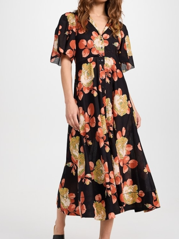 V-Neck Contrasting Printing Pocket Shirt Midi Dress