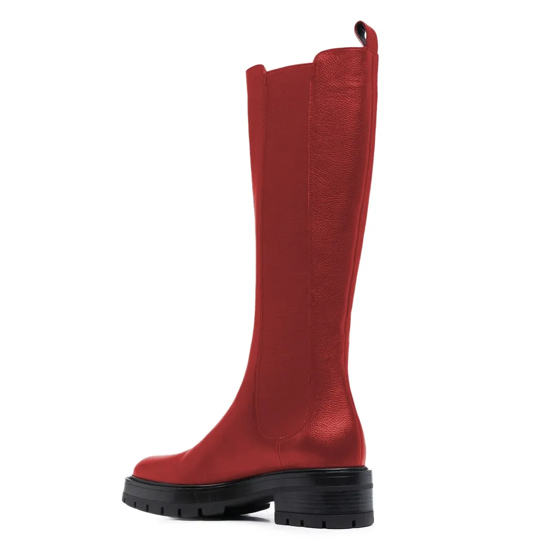 Red Faux Leather Closed Round Toe Elastic Knee High Heeled Boots