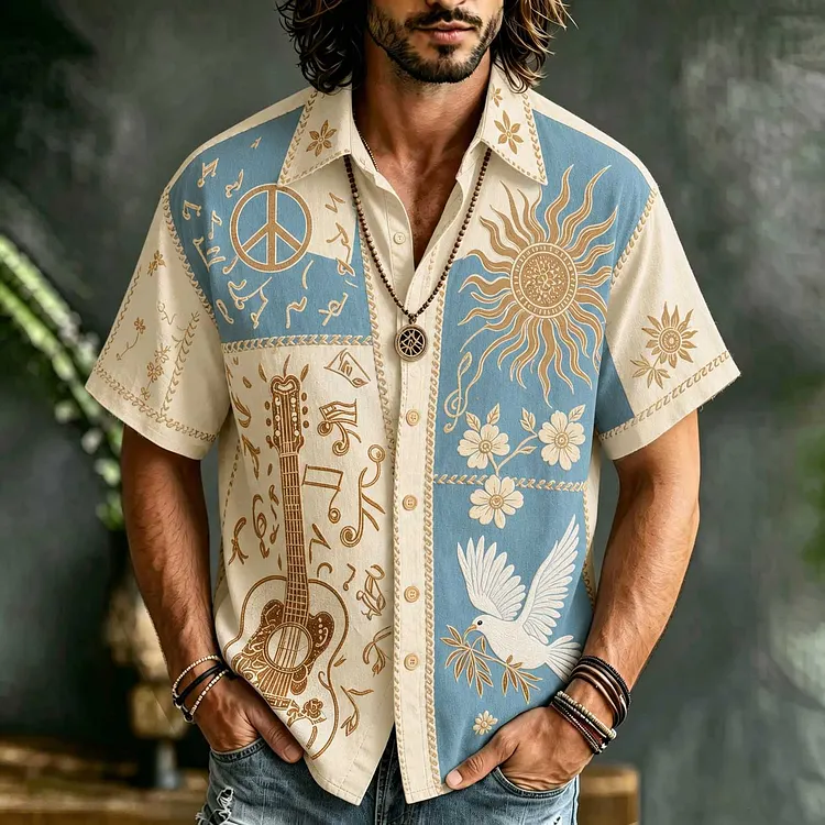 Men's Patchwork Denim Linen Short Sleeve Button Up Shirt, 3d Embroidery Guitar Peace Sign Sun Dove Floral Hippie Boho Vacation Shirt