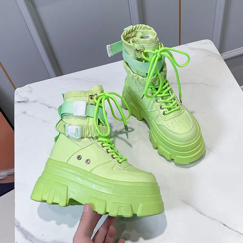 Green Punk Chunky Platform Motorcycle Boots Women Autumn Winter Gothic Shoes Woman Thick Bottom Lace Up Ankle Botas Mujer