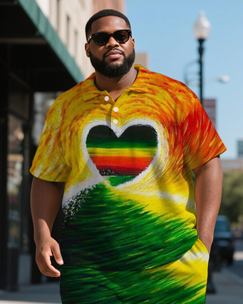 Men's Plus Size Green Yellow Red Gradient Love Print Short Sleeve Polo Shirt Shorts Suit