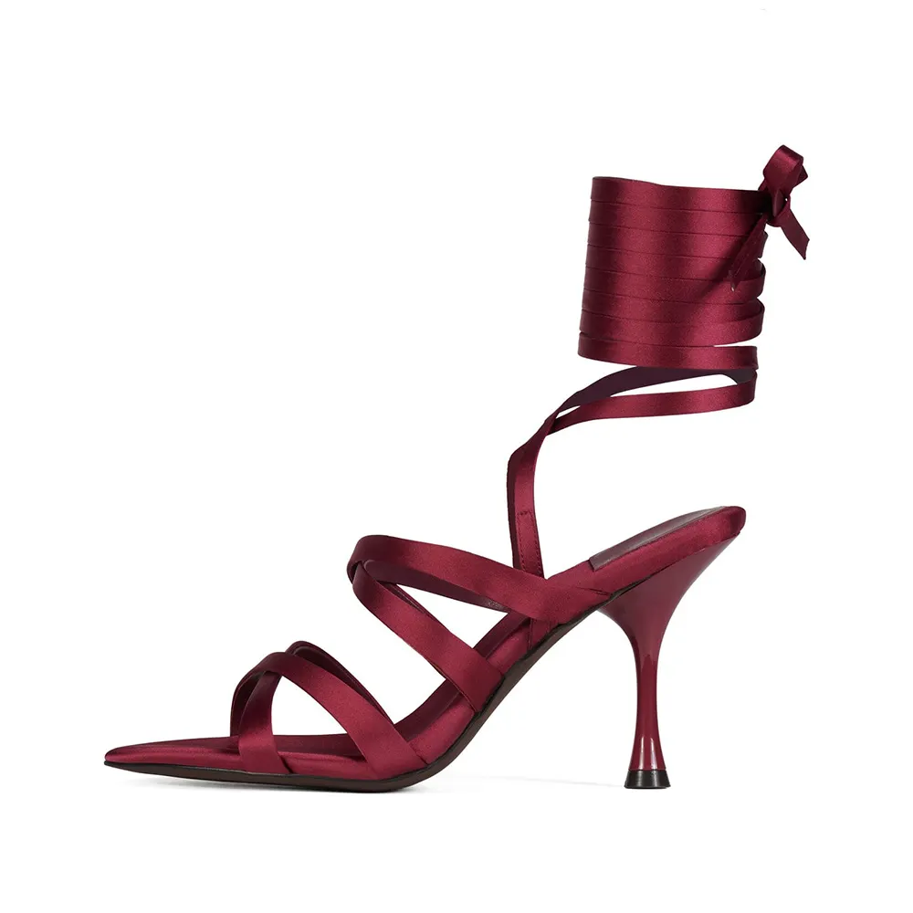 YDN Elegant Maroon Satin Open Toe Spool Heel Lace Up Sandals