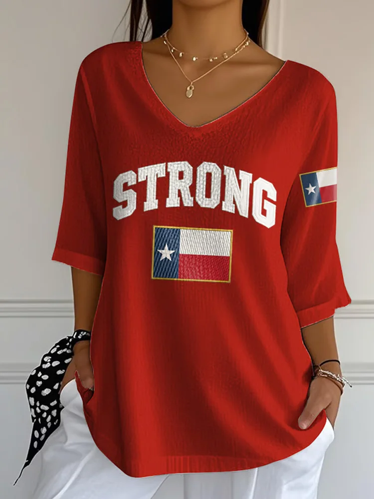 VChics Women's Texas Strong V-neck Retro Texas Strong Print T-shirt