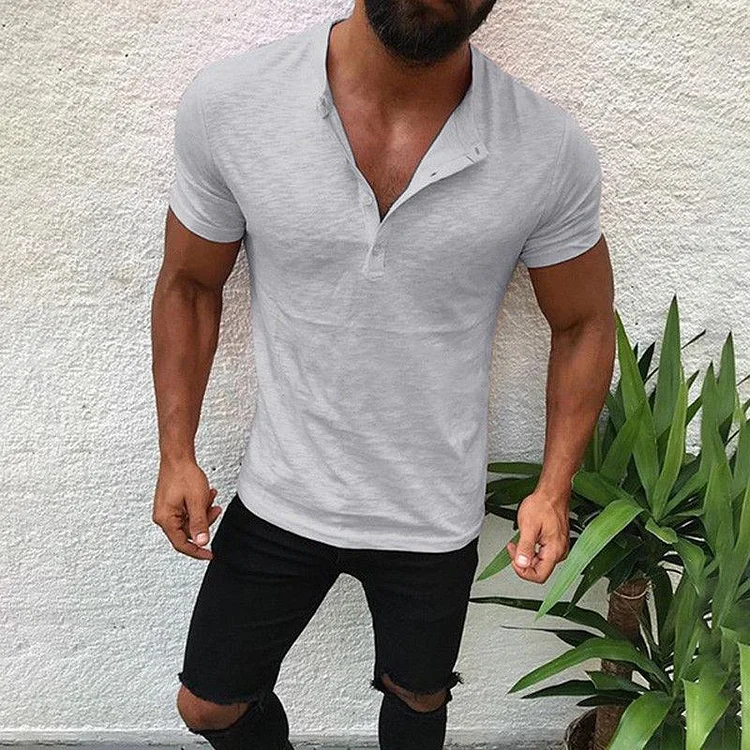 BrosWear Men Buttoned Henley Collar Solid Casual T-Shirt