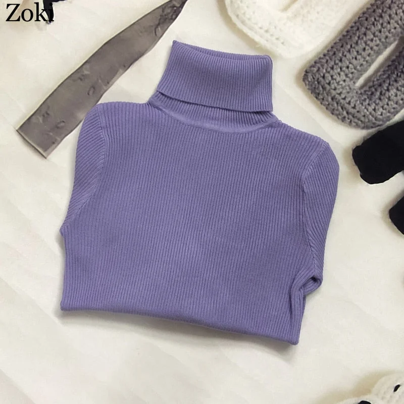 Zoki Soft Women Turtleneck Sweater Autumn Long Sleeve Elastic Female Knitted Jumper Casual Pullover Slim Winter Basic Tops 2021