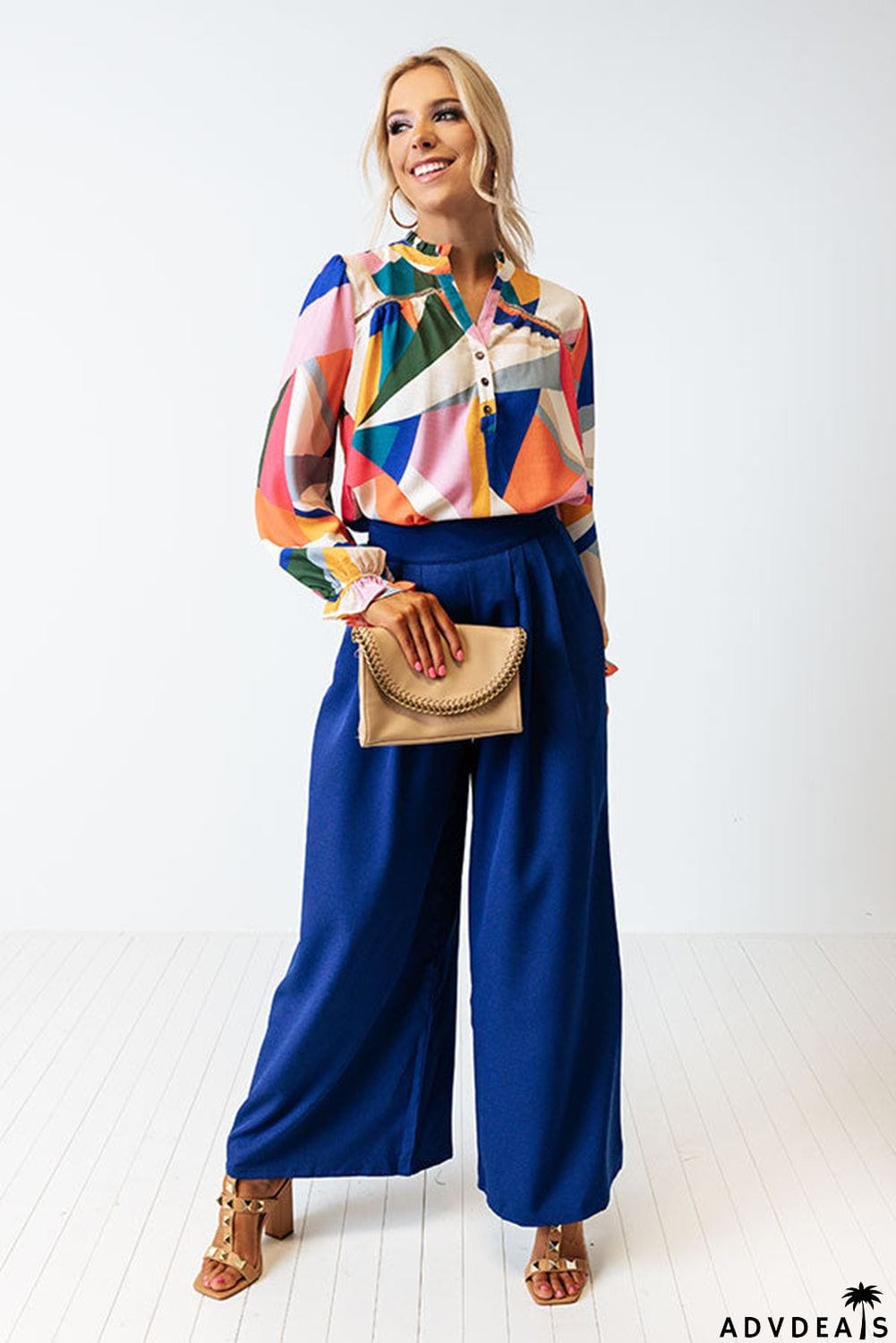 Geometric Patchwork Print Half Buttoned Blouse