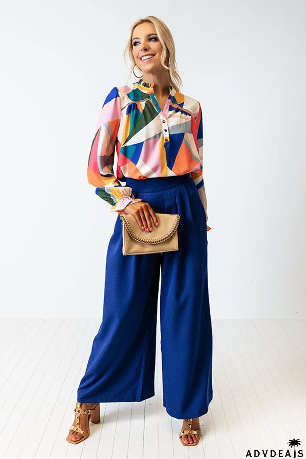 Geometric Patchwork Print Half Buttoned Blouse