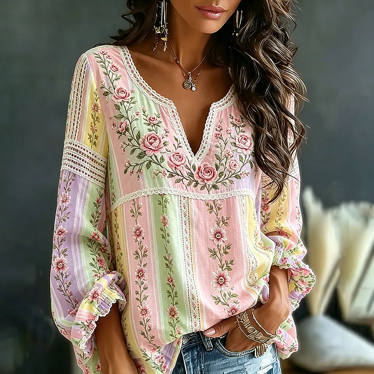 Women's Pink Floral And Lace Art Splicing Blended Cotton Linen Comfortable V-neck Top