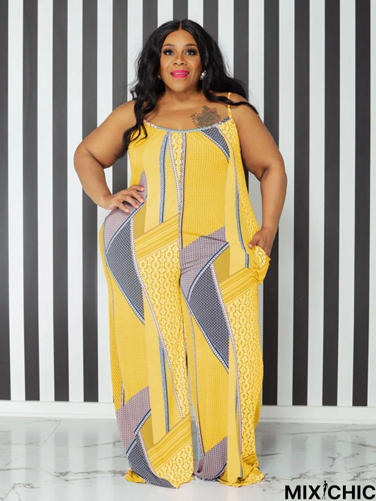 Spaghetti Strap Figure Print Plus Size Rompers