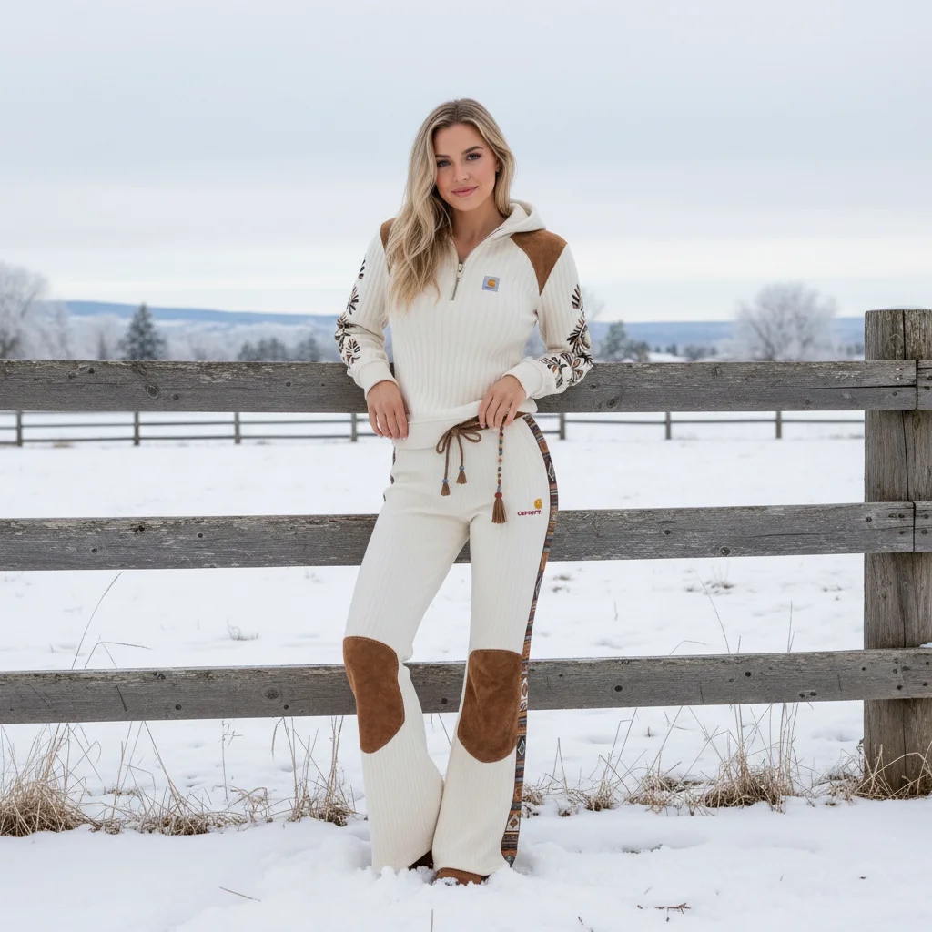 Women's Retro Ethnic Style Half-zip Hooded Sweatshirt And Trousers Set, Made Of Vertical Striped Color-blocked Suede Mat