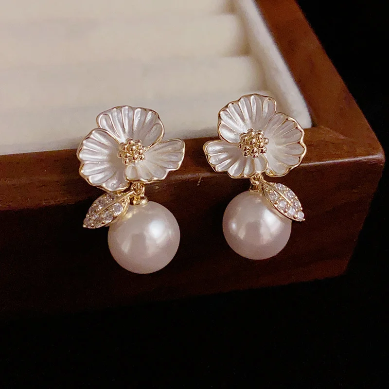 Crystal Flower Pearl Drop Earrings