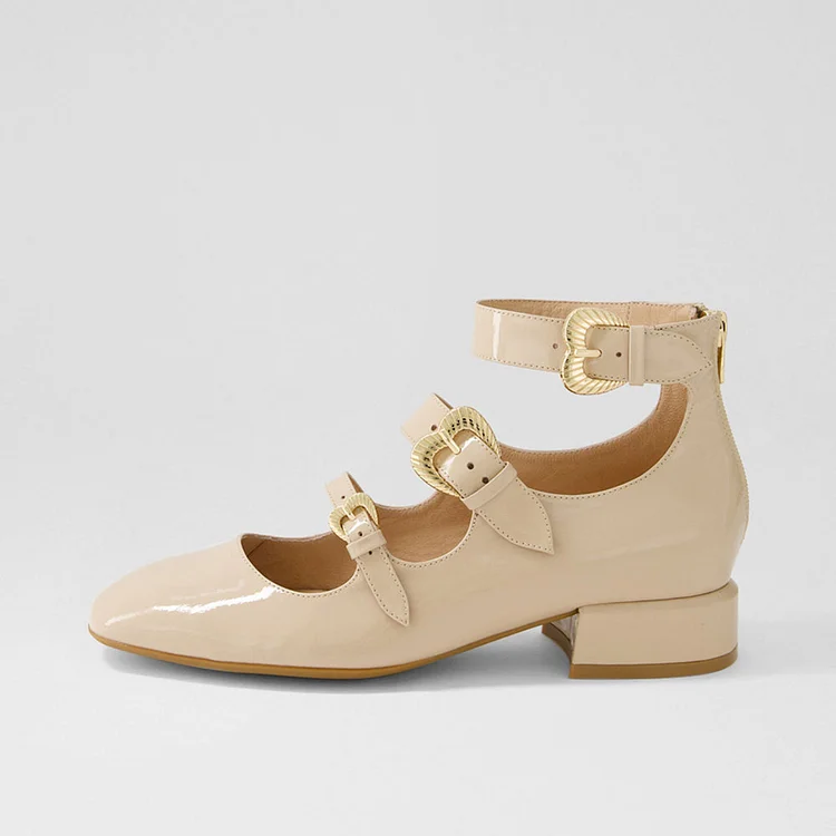 Beige Patent Leather Buckle Strappy Mary Jane Shoes with Low Heel |FSJ Shoes