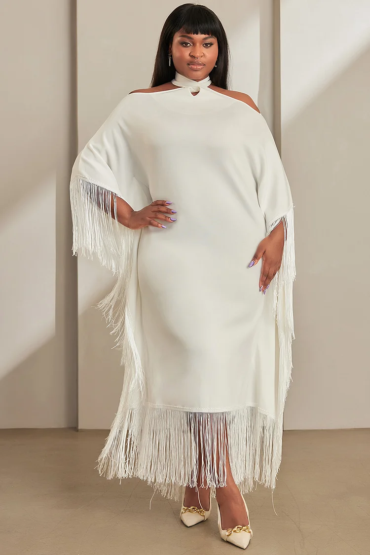 Xpluswear Design Plus Size Daily Midi Dresses Elegant White Fall Winter Halter Collar Half Sleeve Strappy Knitted Midi Dresses [Pre-Order]