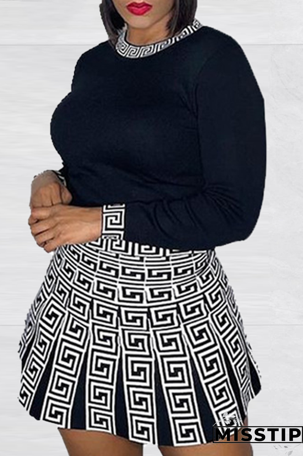 Pink Fashion Print Patchwork O Neck Plus Size Two Pieces