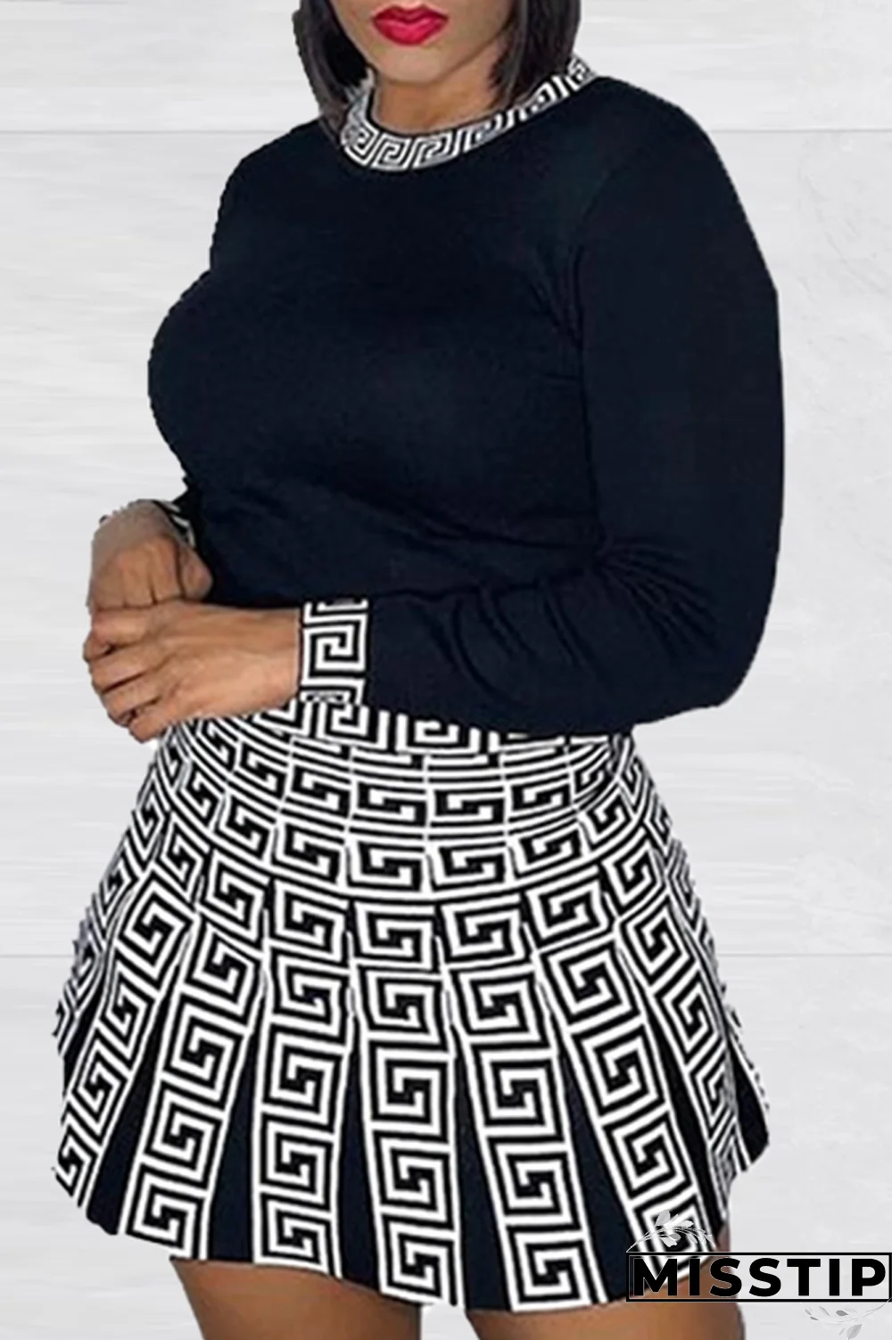 Pink Fashion Print Patchwork O Neck Plus Size Two Pieces