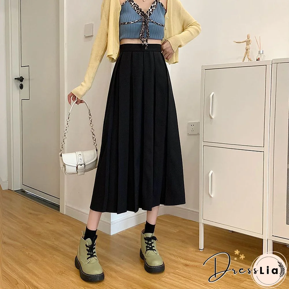 Vintage Pleated Midi Skirt Fashion High Waist Gothic Skirt Women Spring Casual Korean A-line Elastic Solid All-match Skirt New