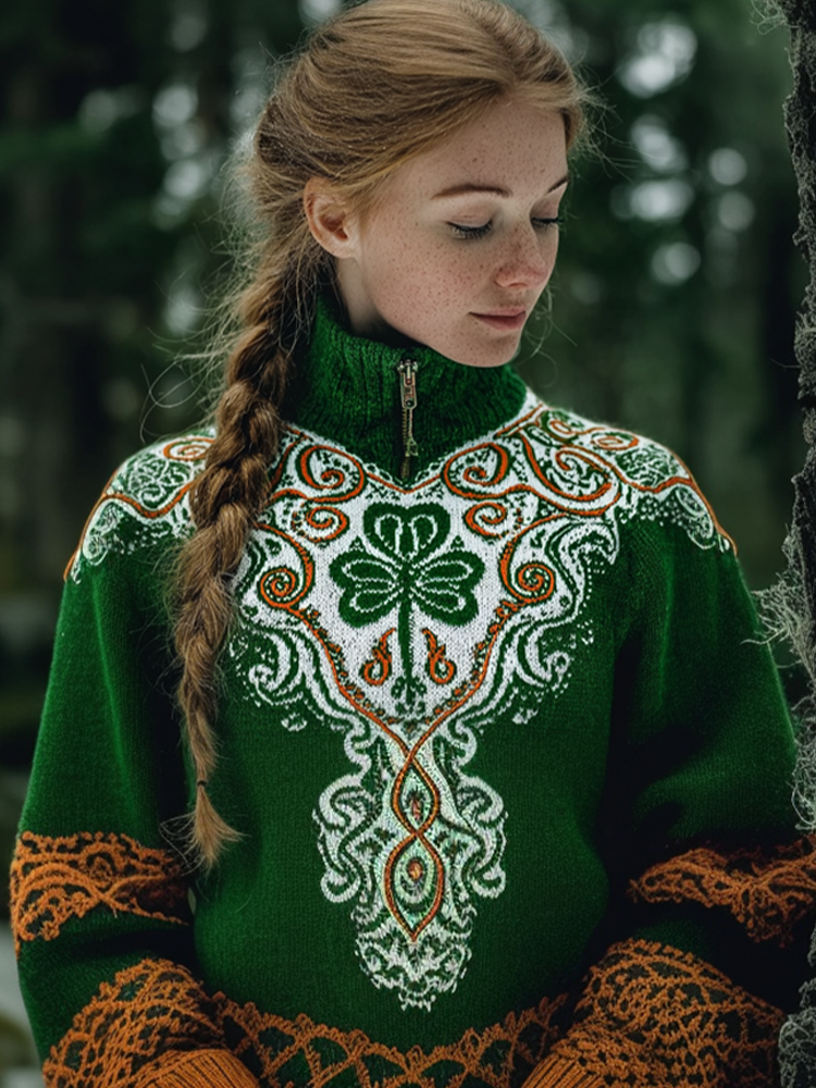 St. Patrick's Day Shamrock Pattern Women's High Neck Half Zipper Sweater wearshes