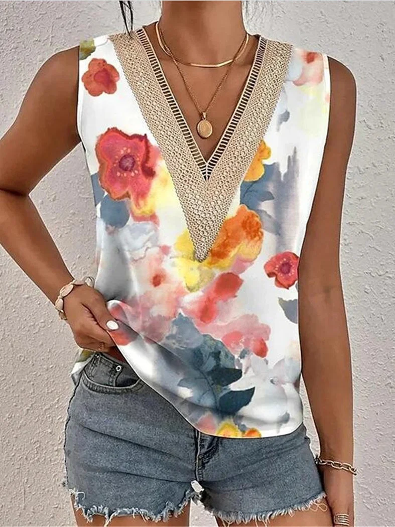 Women's Sleeveless V Neck Floral Print Casual Top T-Shirt