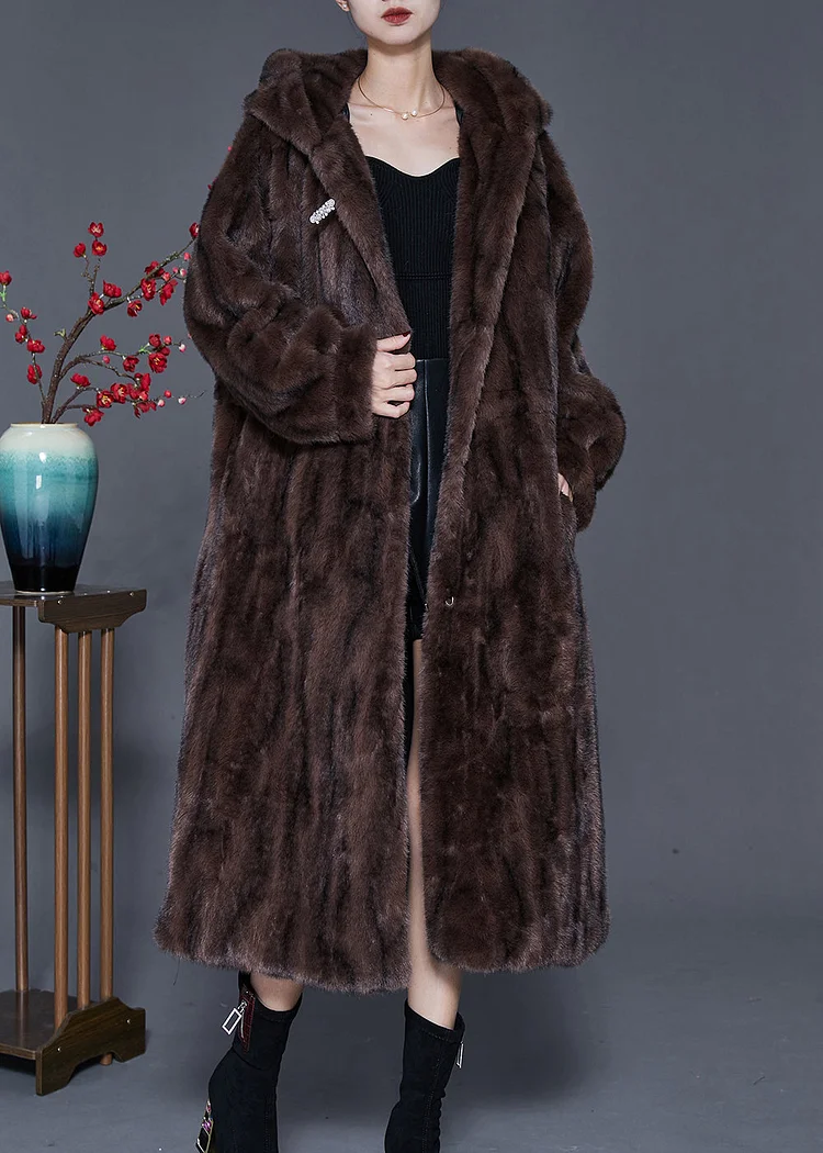 Brown Striped Faux Fur Trenchs Oversized Spring