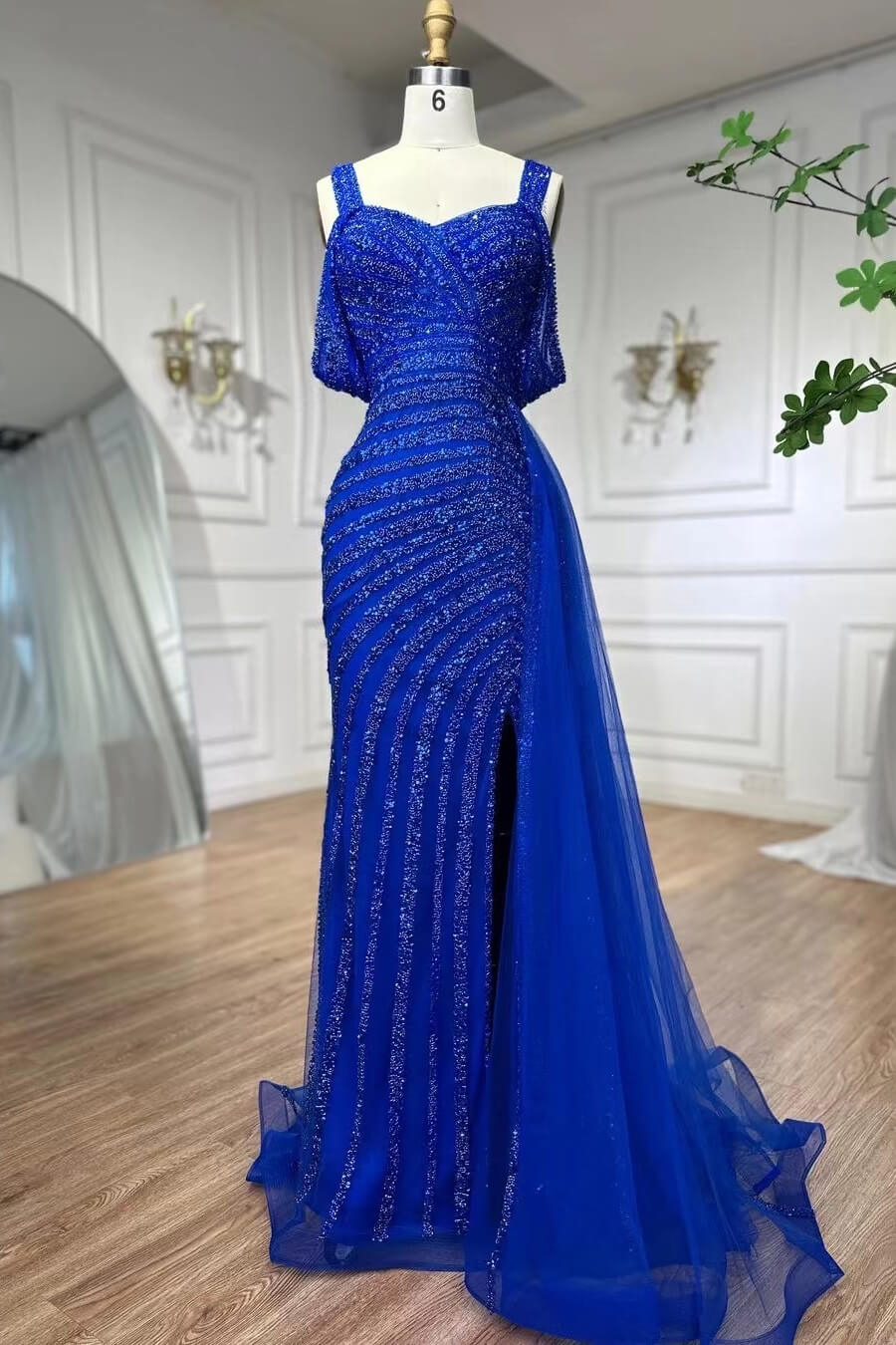 Bellasprom Royal Blue Straps Mermaid Evening Gown Off-the-Shoulder With Beadings Split Bellasprom