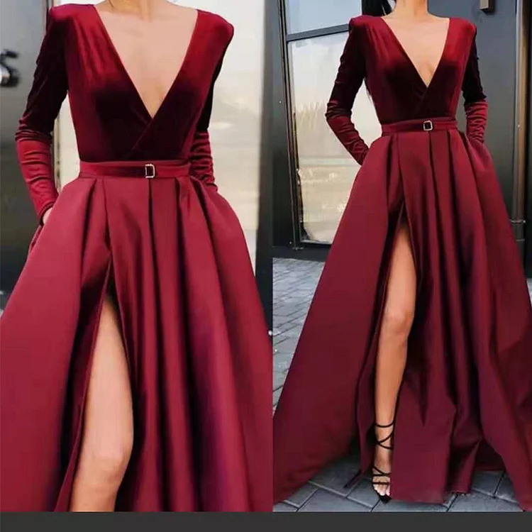 Fashion Elegant Party A-Line Deep V Neck Slit High Waist Prom Dress