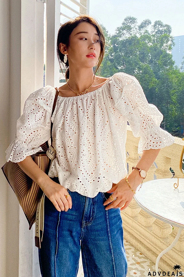 White Embroidered Lace Puff Sleeve Top