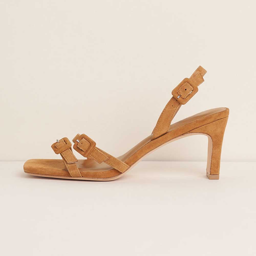Tan Faux Suede Vegan leather Insole Ankle Strappy Heel Sandals    Nicepairs