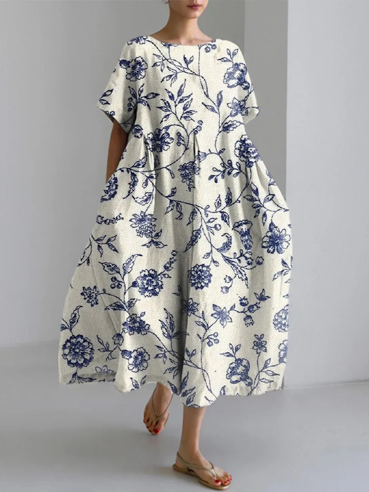 Women's Vintage Blue Floral Print Linen Blend Dress